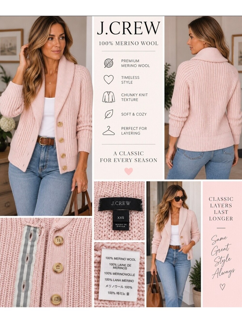 J.Crew XXS Pink 100% Merino Wool Chunky Knit Shawl Collar Cardigan Sweater